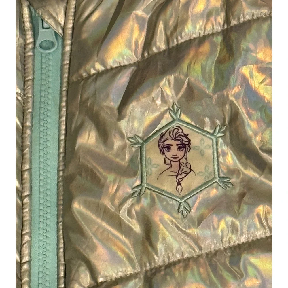 Disney Frozen Vest Girls Size 10 12 Silver Shimmer Hood Zip Up Puffer Vest Elsa